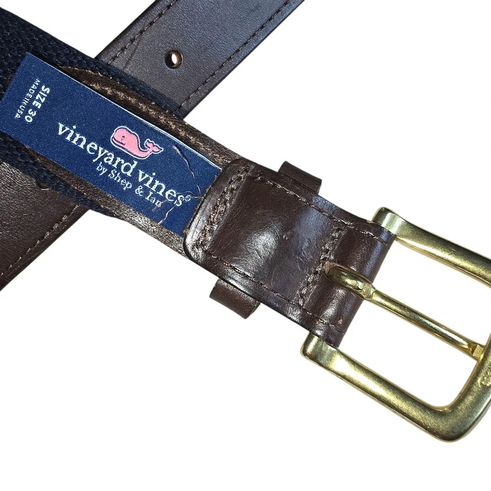 Vineyard Vines Mens 30 Belt Navy Pink American Flag Canvas Leather Made in USA